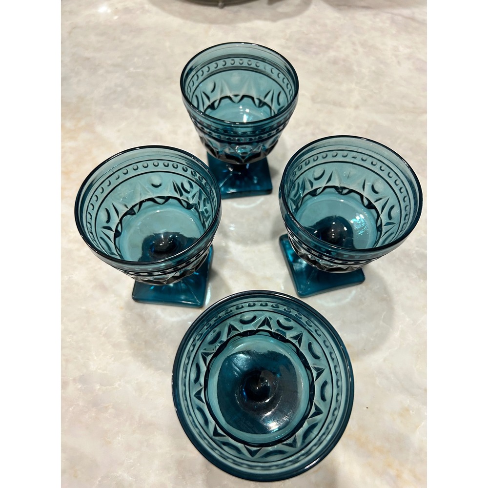 Vintage Teal Blue Pressed Glass Goblets Set of 4 Square Base Starburst Pattern